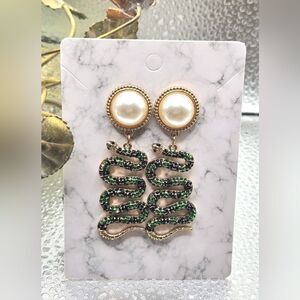 "5/$25" Green/Black Rhinestone Pearl Gold Tone Snake Dangle Statement Earrings